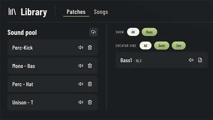 The 4TRAX Library: your own sound pool on the left, shared patches filtered by tag and creator vibe on the right