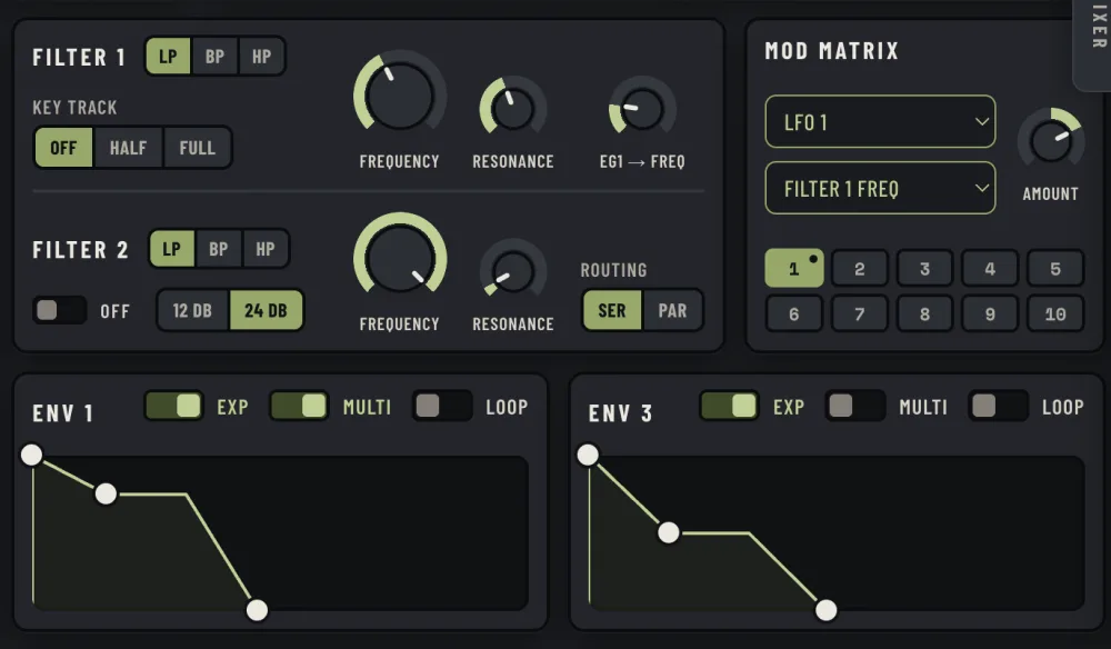 The 4TRAX filter section and mod matrix