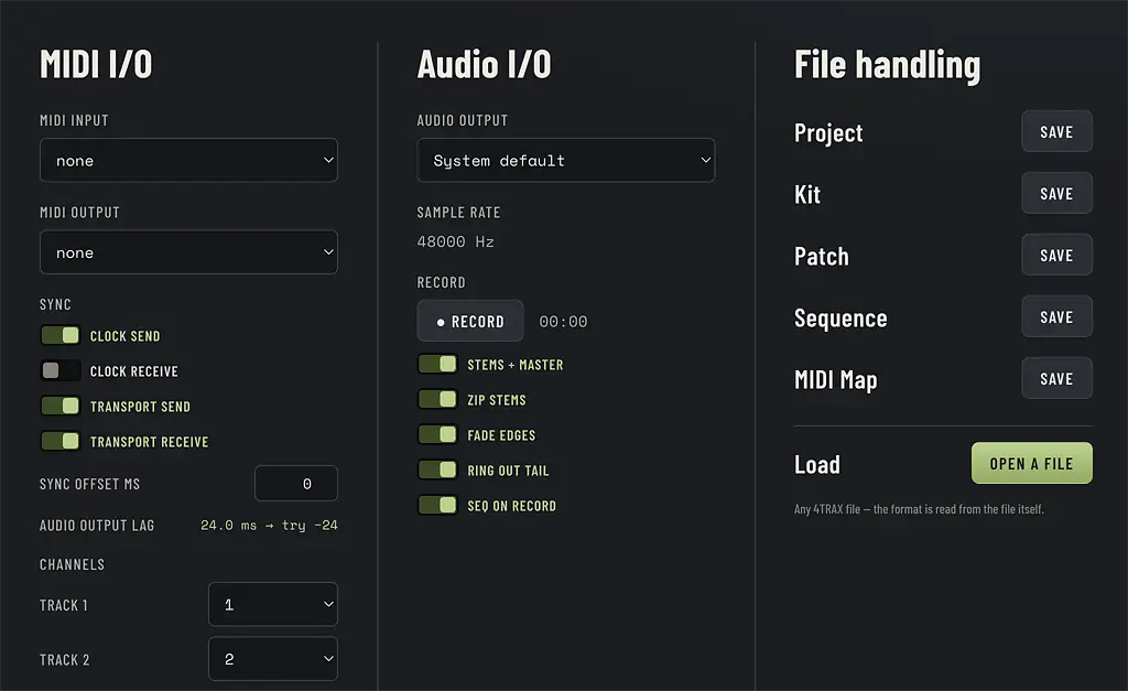 The 4TRAX System page: MIDI I/O with clock and transport sync, the sync offset and per-track channels, beside Audio I/O and file handling