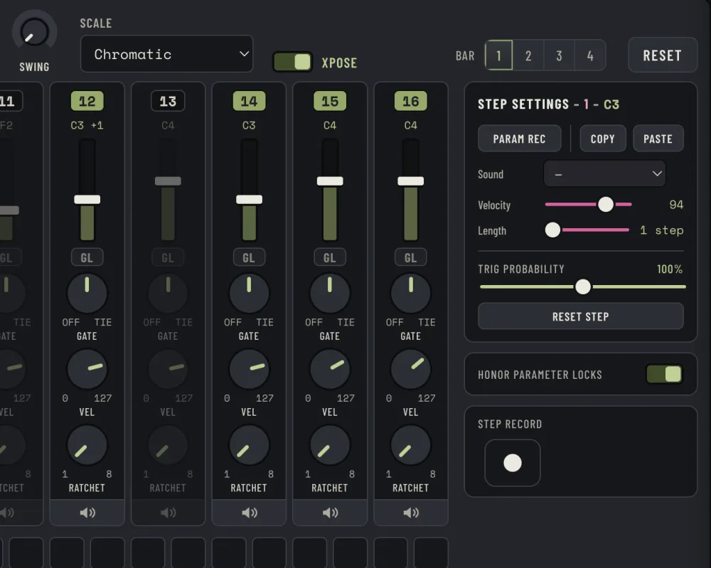 The 4TRAX step sequencer with parameter locks and the trance gate lane
